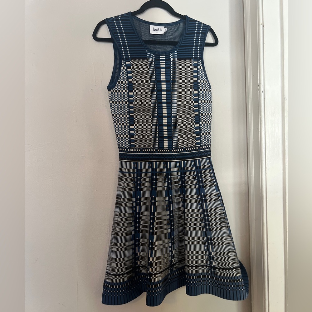 Leota Navy and Cream Patterned Fit-and-Flare Dress